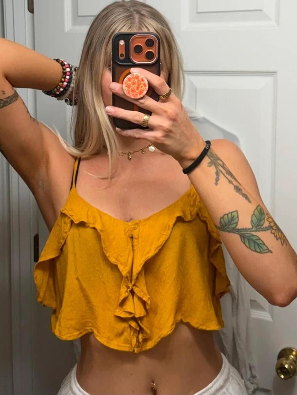 Forever 21 Mustard Yellow Flowy Ruffle Cropped Tank Top